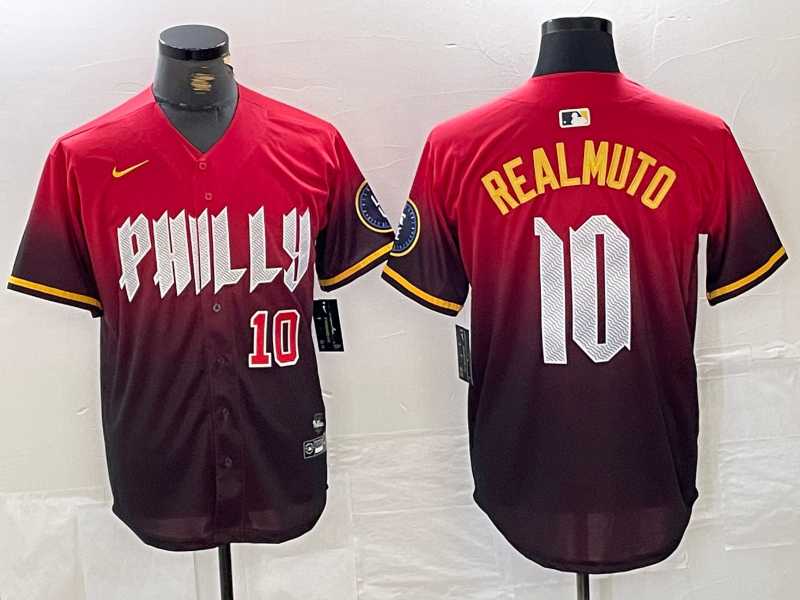 Mens Philadelphia Phillies #10 JT Realmuto Red 2024 City Player Number Cool Base Jerseys